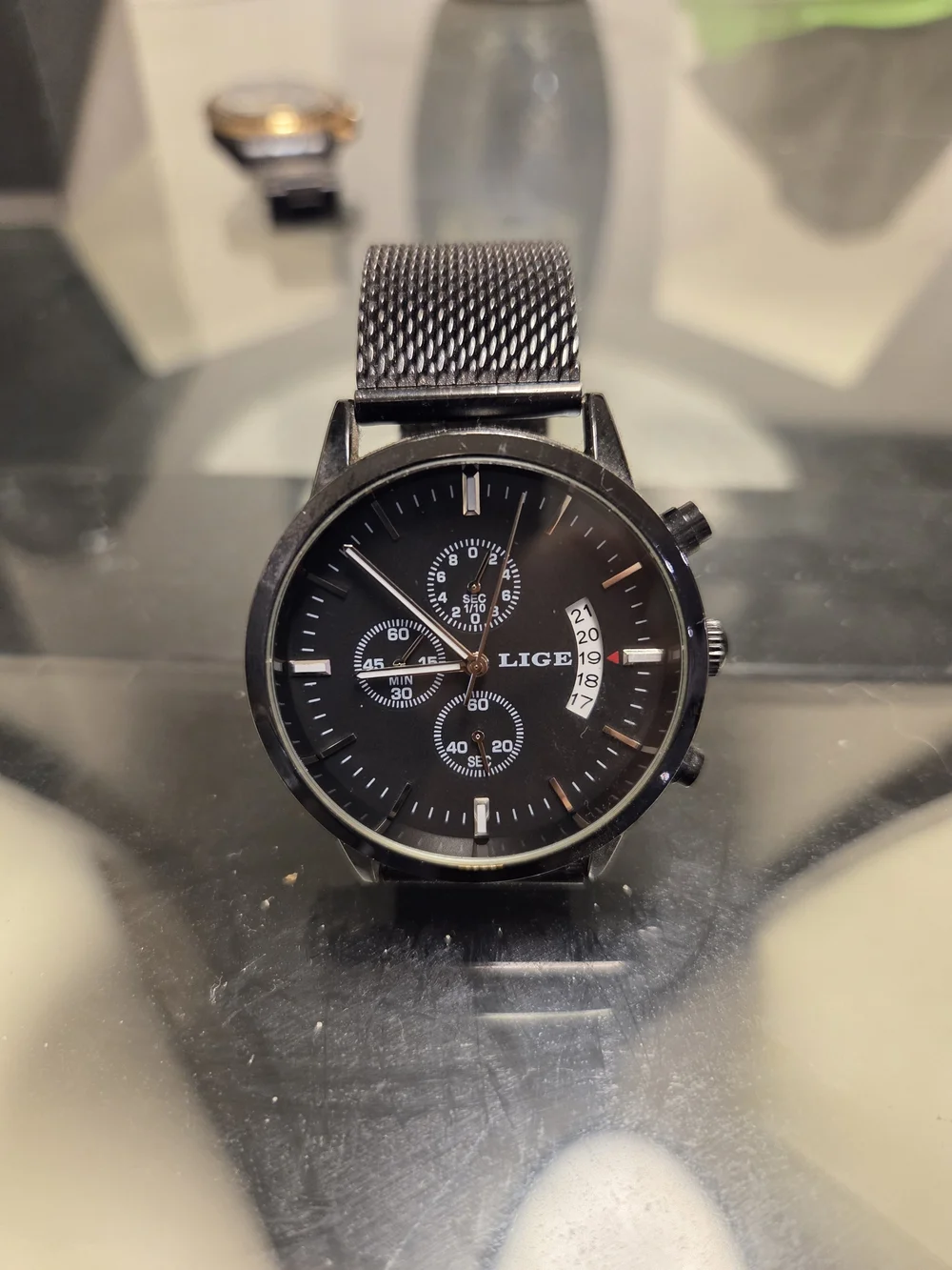 LIGE Black Mesh Band Chronograph Watch